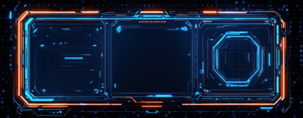 Futuristic digital interface with glowing blue and orange neon elements framing three rectangular and octagonal data display panels on a dark background