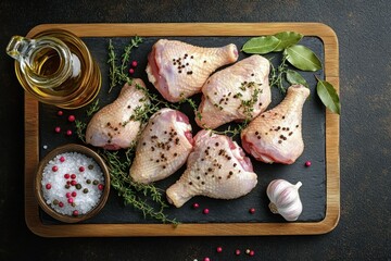 Raw chicken drumsticks seasoned with peppercorns, fresh thyme, and bay leaves on a black slate board with coarse salt, a garlic bulb, and a glass jar of oil on a dark surface