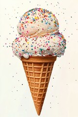 Two scoops of vanilla ice cream covered with colorful sprinkles in a waffle cone on a light background with sprinkles falling around