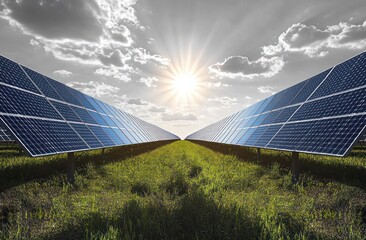 Rows of solar panels on green grass field under a bright sun with a partly cloudy sky, symbolizing clean energy and environmental sustainability