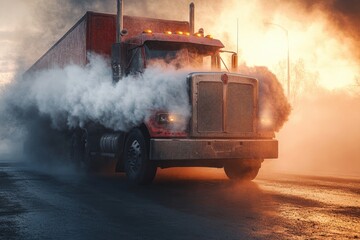 large red semi truck emitting thick dark smoke from its exhausts on a foggy road during sunset