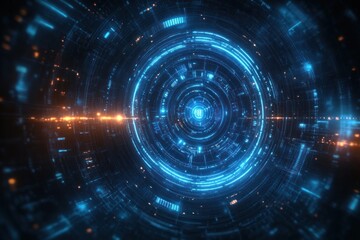 Futuristic digital blue circular interface with glowing data points and intricate technological patterns against dark background