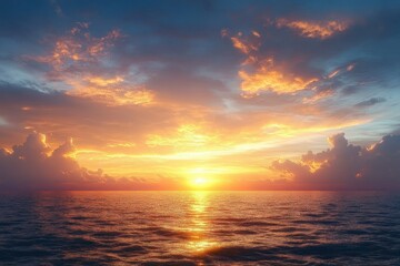 vivid sunrise over calm ocean waters with glowing orange and yellow clouds reflecting on the sea surface under a blue sky