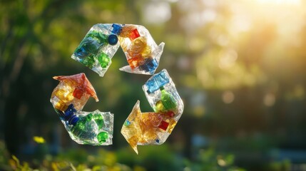 A creative recycling symbol formed entirely from crushed plastic bottles, bottle caps, and plastic bags, symbolizing 