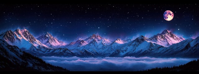 Majestic snow-covered mountain range under a starry night sky with a glowing full moon and a sea of clouds settled in the valleys, evoking awe and tranquility