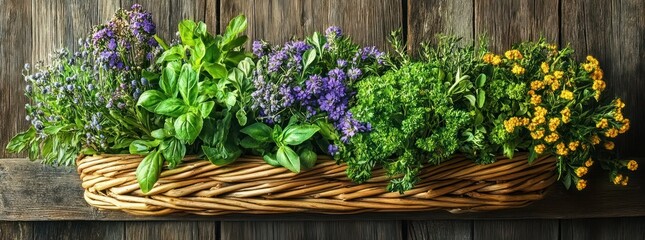 Wicker basket filled with fresh green herbs and vibrant purple and yellow flowers on rustic wooden surface, evoking natural freshness and calm