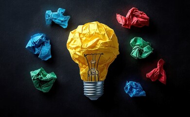 A crumpled yellow paper shaped like a light bulb surrounded by smaller crumpled papers in red, blue, and green on a dark surface symbolizing creativity and ideas