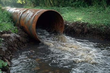 rusty metal pipe discharging polluted water into a natural stream surrounded by green vegetation