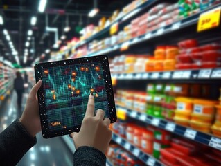 Person holding a digital tablet with glowing financial or data charts displayed in a brightly lit supermarket aisle filled with shelves of packaged goods