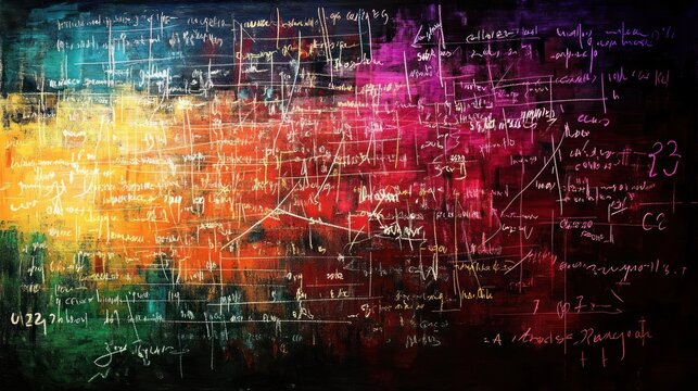 Colorful abstract background with mathematical formulas and white handwritten notes over a gradient of blue, yellow, orange, red, and purple hues creating a dynamic, complex feeling