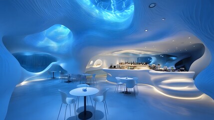 Ocean drift cafe with wave shaped lighting and subtle blues