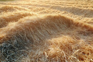 Golden straw piles spread out unevenly in a sunlit outdoor setting creating textured landscape with warm natural tones