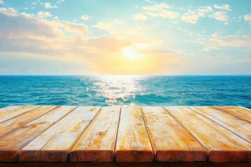 sun shining brightly over calm blue ocean with wooden dock in foreground under partly cloudy sky
