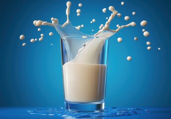 Splashing milk captured in mid-air as it spills out of a clear glass against a vibrant blue background, creating dynamic droplets and fluid motion