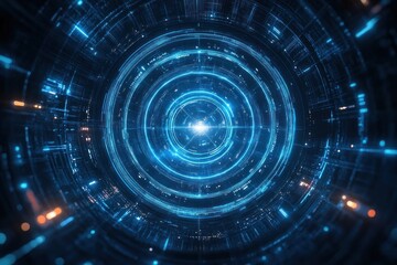 Futuristic blue glowing circular digital interface with concentric rings and intricate light patterns emitting a radiant center light