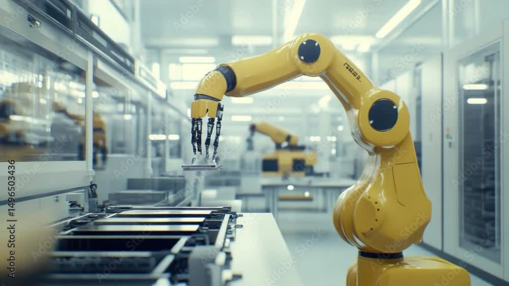 Poster industrial robot arm in automated manufacturing facility with precision robotics technology and asse