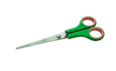 Green-handled scissors with pink inner grips and metal blades isolated on white background