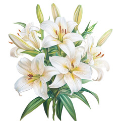 Obraz premium Beautiful white lily bouquet on a simple Transparent background showcasing natural elegance and floral charm, lilly bouquet. PNG background