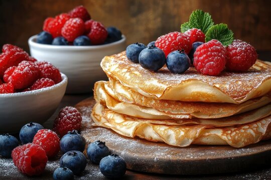 Stack of golden pancakes topped with fresh blueberries, raspberries, mint leaves, and dusted with powdered sugar on a dark wooden surface with bowls of berries