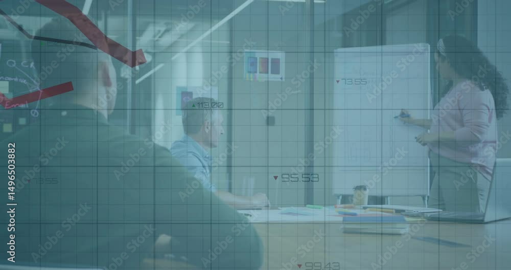Poster business presenter uncapping marker writing on chart causing graph animating dropping then rising