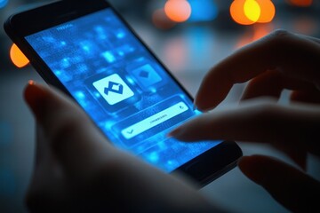Close-up of a person using a smartphone with a glowing app interface in a low-light environment with bright blurred lights in the background