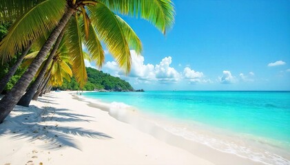 Fototapeta premium Relaxing beach scene with turquoise water lapping gently on the shore, white sand, and palm trees swaying in the breeze Perfect for summer vacation themes , serene, hammock