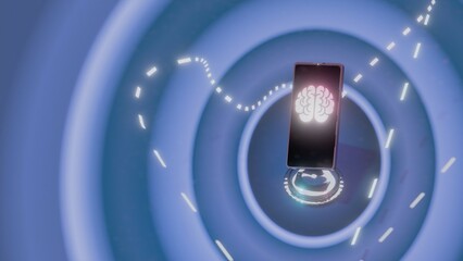 3D render of glowing smartphone with brain icon on screen placed over circular base with radiating neon light waves and spiral motion trail, symbolizing artificial intelligence