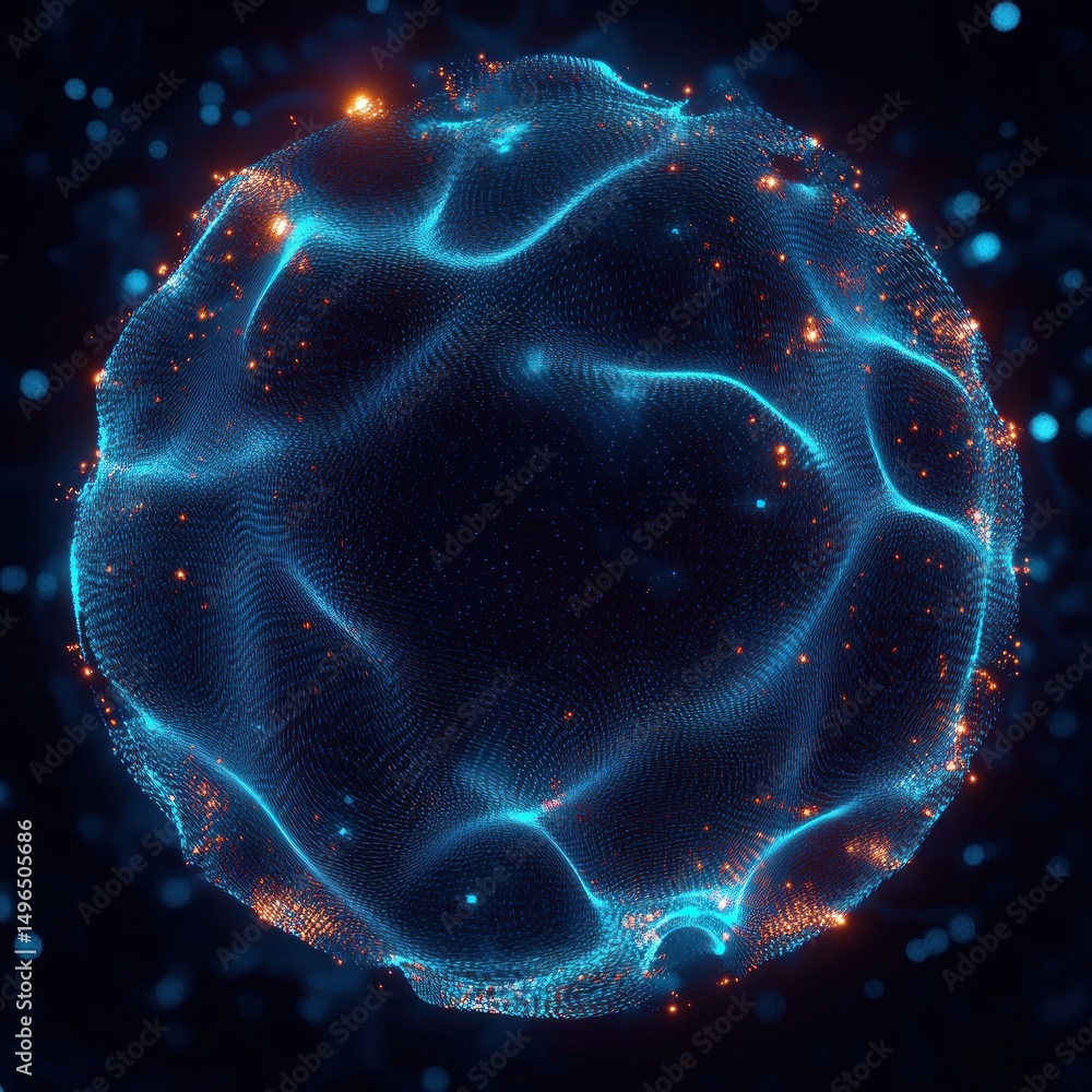 Poster glowing digital sphere composed of blue grid lines and scattered orange light points against a dark 