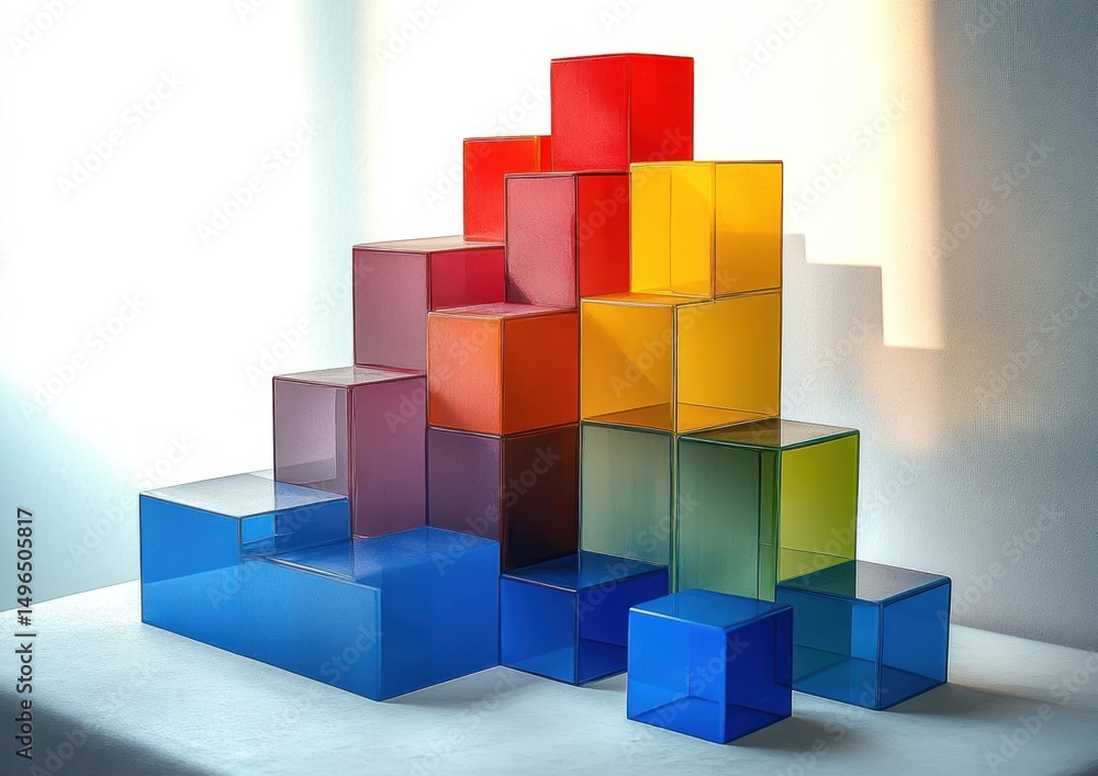 Poster colorful translucent cubes stacked in a stepped pyramid formation casting soft shadows on a light su