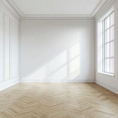 Fototapeta premium Empty white room with parquet floor and sunlight
