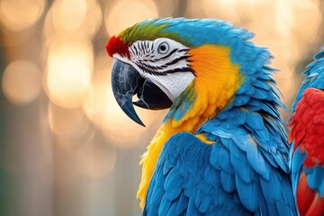 Obraz premium Close-up of a vibrant blue and yellow parrot with detailed feathers and a curved black beak against a soft blurred golden background