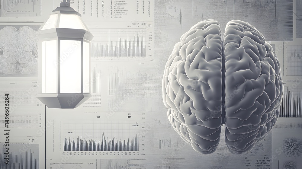 Poster illuminated brain concept against a backdrop of data.