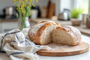 Freshly baked natural bread rests on a wooden cutting board in a bright kitchen setting, Freshly baked natural bread is on the kitchen table