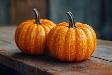 Two small orange pumpkins with greenish stems sitting on a rustic wooden surface with a blurred dark background