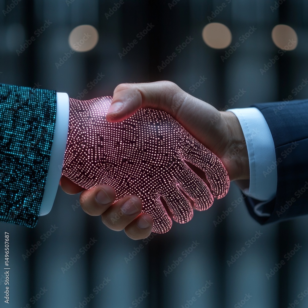 Poster hands shaking with a digital, illuminated effect in a business setting.