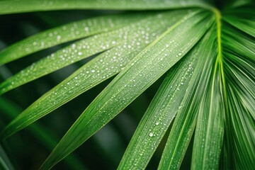 Closeup of green palm leaf with water droplets showcasing nature's serenity after rain, Closeup of green palm leaf with water droplets on its surface