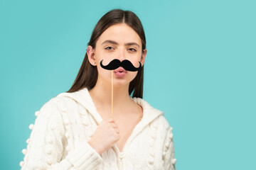 Girl, moustache and happy with prop. Comic woman portrait. Funny face with moustache on stick....