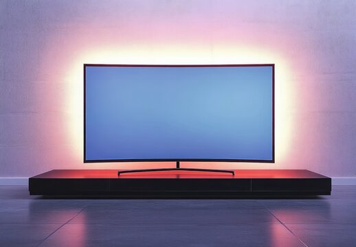 Curved widescreen television glowing with soft ambient light on modern low entertainment console against plain wall