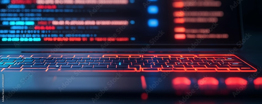 Poster futuristic keyboard with colorful backlight and code display.
