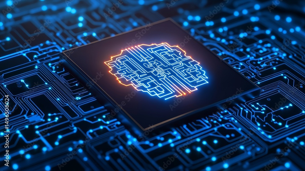 Poster digital brain circuit on a microchip with glowing connections.