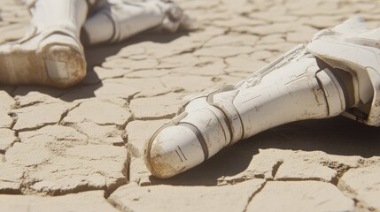 Close-up View of Futuristic Robot Legs on Cracked Dry Ground