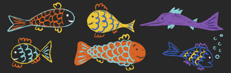 Crayon fish. Kids chalk drawings set. Collection freehand child baby hand drawn scribble sea water animals. Childish cute vector illustration isolated on black background