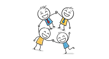 Stick Figure Teamwork: Smiling Cartoon People Holding Hands in a