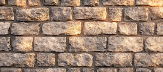 Obraz premium rough textured stone brick wall illuminated by warm sunlight creating shadows and natural contrast