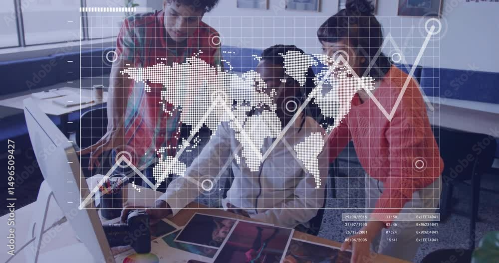 Poster team at monitor pointing while adjusting camera, showing hologram and rising graph for marketing
