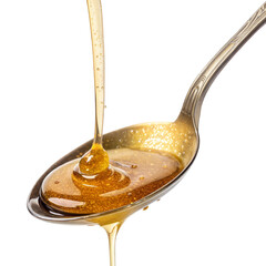 Golden honey dripping into a vintage silver spoon isolated on transparent background