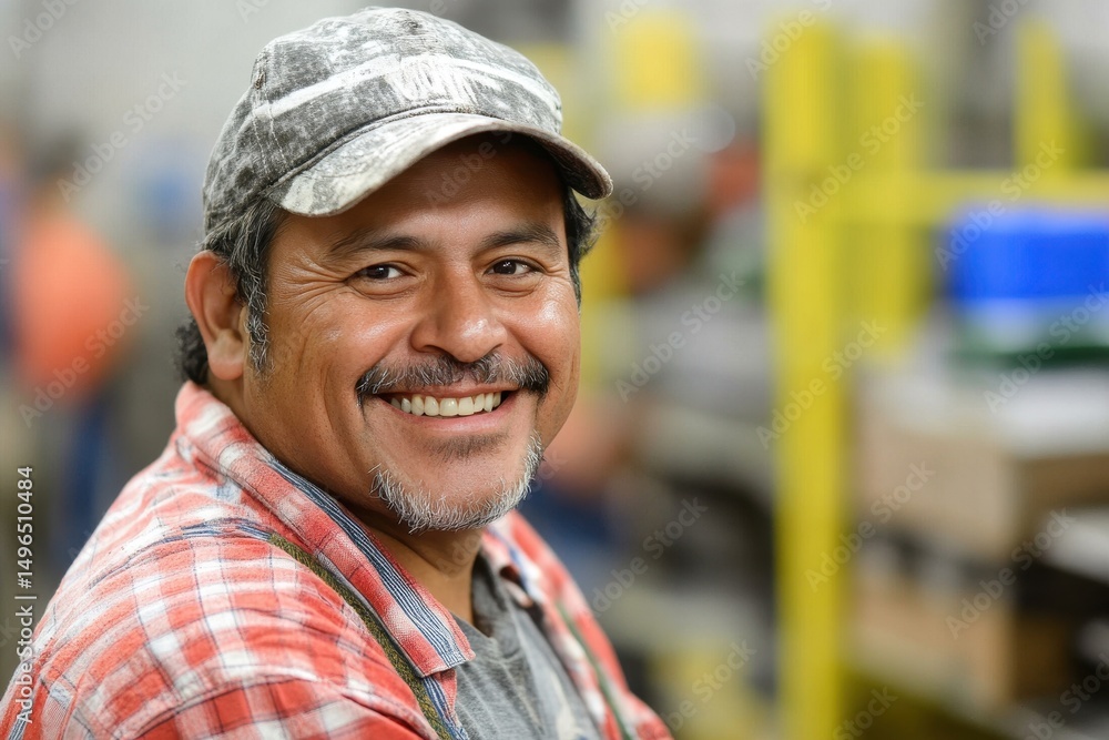 Poster smiling hispanic man working in a factory during a busy day, a hispanic man smiles while working in 