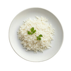 Deliciously cooked rice served on a clean white plate against a minimalistic Transparent background, Cooked rice in white plate on PNG background