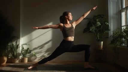 Flexible woman practicing advanced yoga poses in a sunlit modern living room with wooden flooring