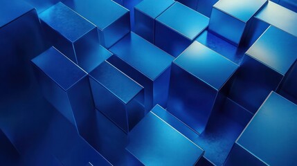 Shiny blue metallic cubes arranged in a grid pattern with reflections and varying heights creating a modern abstract geometric composition